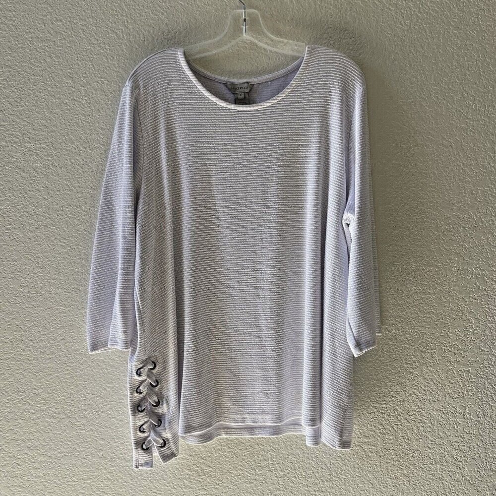 Multiples Womens 1X Tunic Blouse Top White Textured Knit Tie Accent Ribbed 3/4